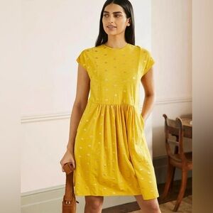 NWT Boden 100% Cotton Yellow Jersey T-shirt Dress Honeycomb And Gold Foil Size 6